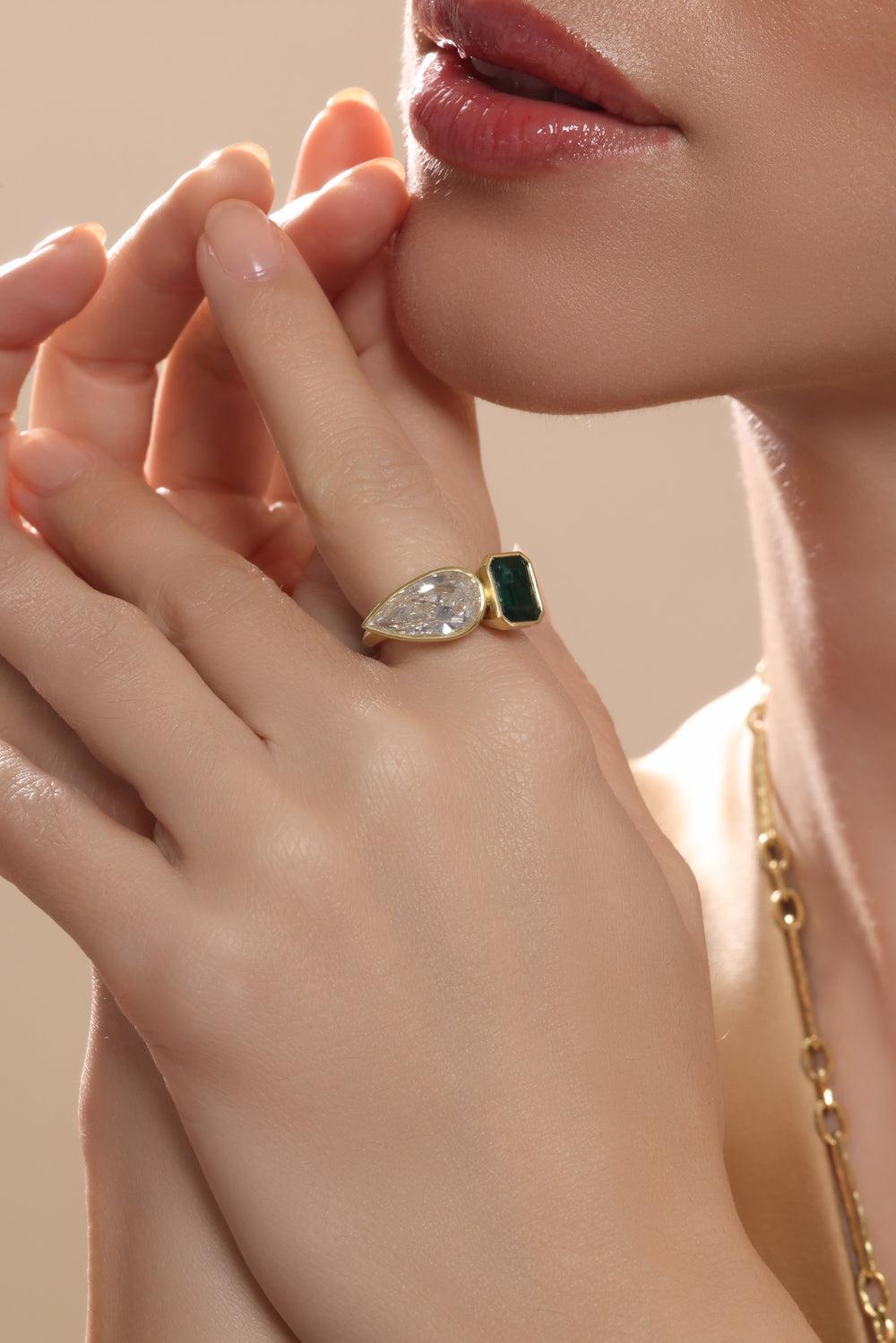 Zambian Emerald Diamond Ring-YELLOW GOLD-7-JEWELRYFINE JEWELRING-SYLVA & CIE