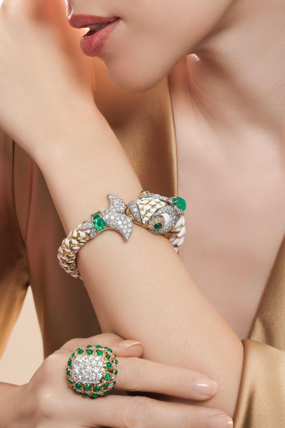 Diamond Emerald Couture Fish Bracelet-YELLOW GOLD-JEWELRYFINE JEWELBRACELET O-DAVID WEBB
