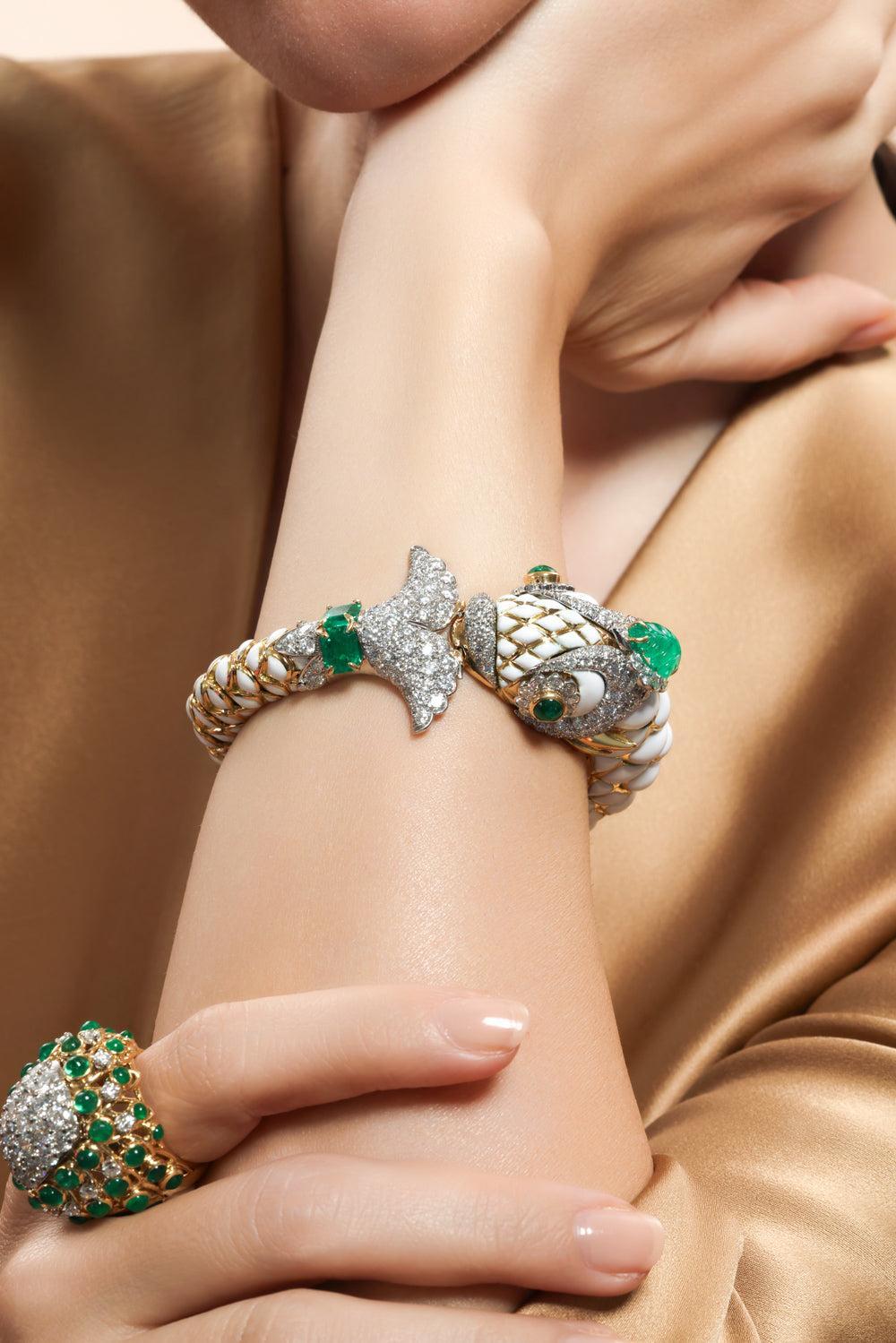 Diamond Emerald Couture Fish Bracelet-YELLOW GOLD-JEWELRYFINE JEWELBRACELET O-DAVID WEBB