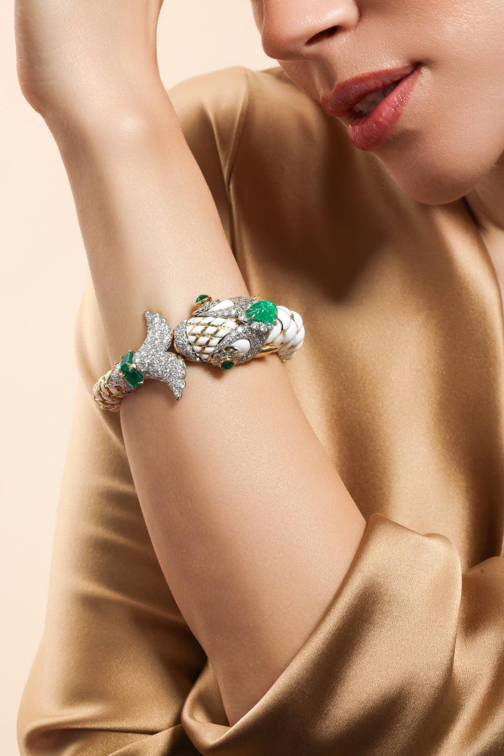 Diamond Emerald Couture Fish Bracelet-YELLOW GOLD-JEWELRYFINE JEWELBRACELET O-DAVID WEBB