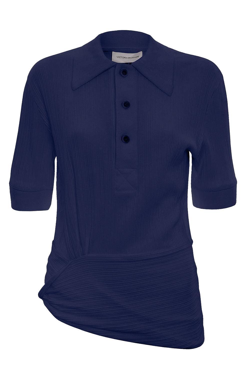 Twist Detail Polo Top - Navy-BLUE-XS-CLOTHINGTOPKNITS-VICTORIA BECKHAM