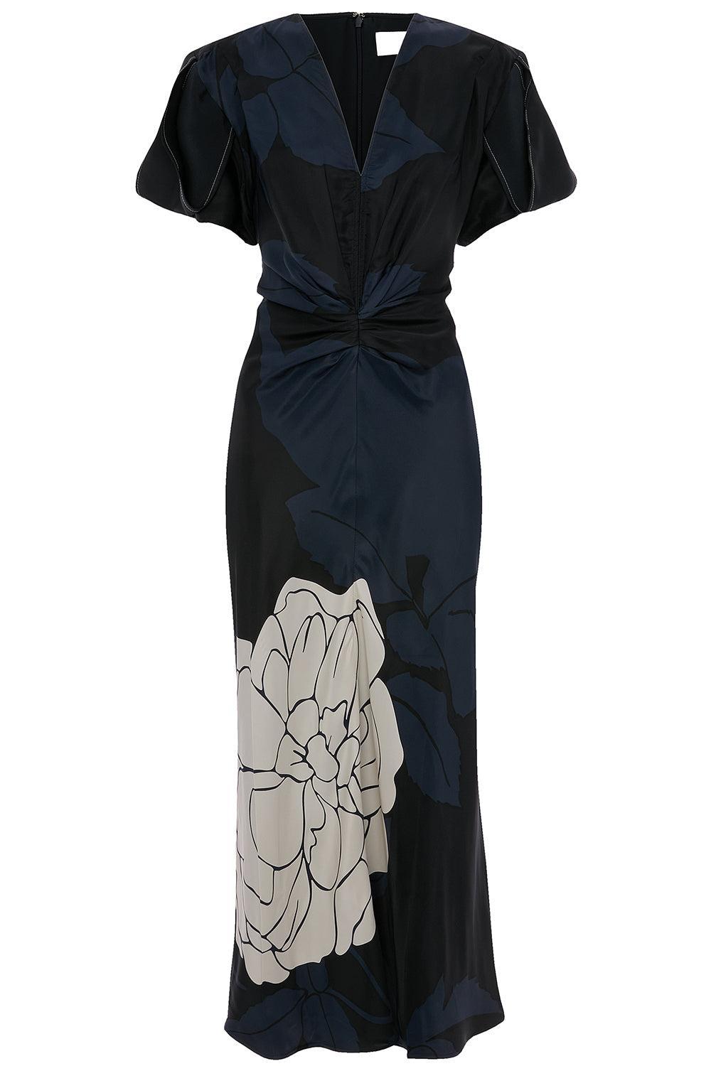 Gathered V-Neck Midi Dress-BLUE-0-CLOTHINGDRESSCOCKTAIL-VICTORIA BECKHAM