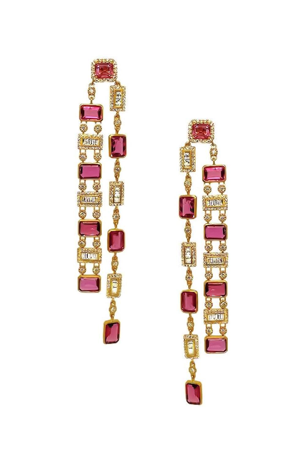 Pink Tourmaline Diamond Two Line Earrings-YELLOW GOLD-JEWELRYFINE JEWELEARRING-COOMI