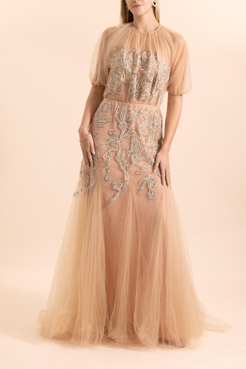 Ikat Floral Embroidered Tulle Gown-BROWN-6-CLOTHINGDRESSGOWN-LELA ROSE