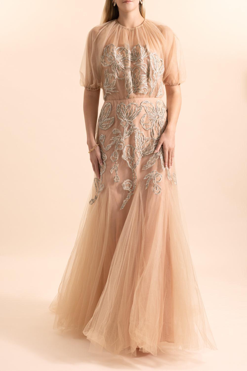 Ikat Floral Embroidered Tulle Gown-BROWN-6-CLOTHINGDRESSGOWN-LELA ROSE