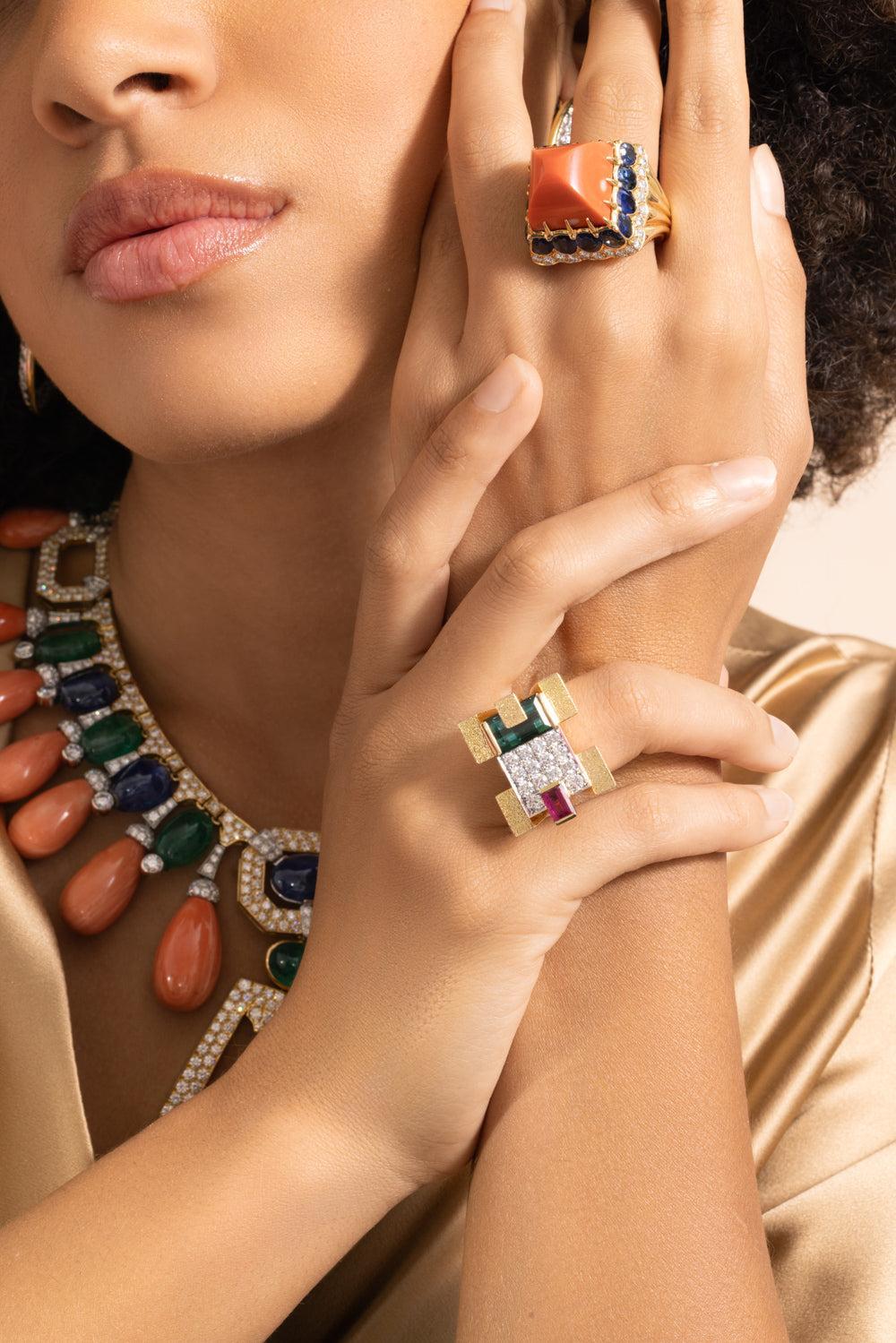 Green Tourmaline Step Cut Cubist Scaffold Ring-YELLOW GOLD-6-JEWELRYFINE JEWELRING-DAVID WEBB