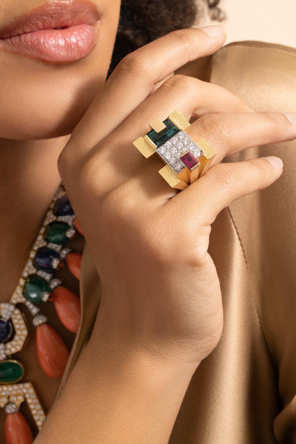 Green Tourmaline Step Cut Cubist Scaffold Ring-YELLOW GOLD-6-JEWELRYFINE JEWELRING-DAVID WEBB
