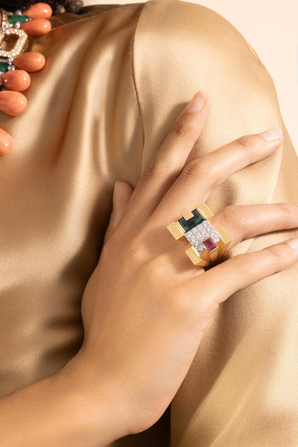 Green Tourmaline Step Cut Cubist Scaffold Ring-YELLOW GOLD-6-JEWELRYFINE JEWELRING-DAVID WEBB