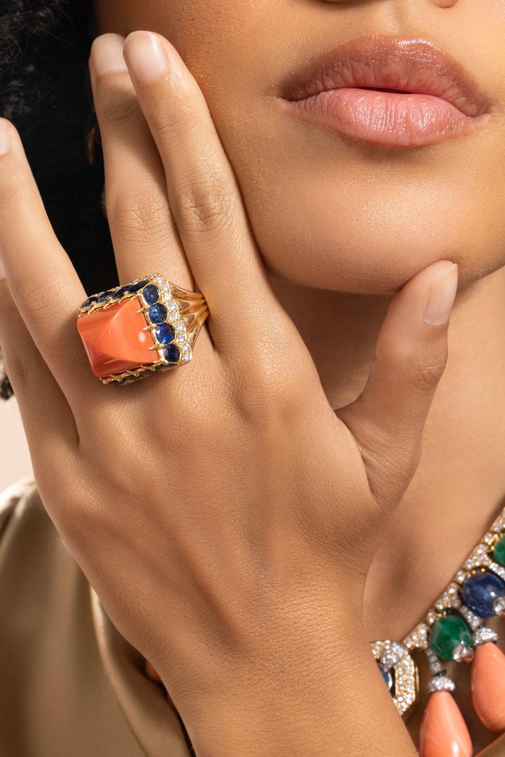 Coral Sapphire Sugarloaf Ring-YELLOW GOLD-8.5-JEWELRYFINE JEWELRING-DAVID WEBB