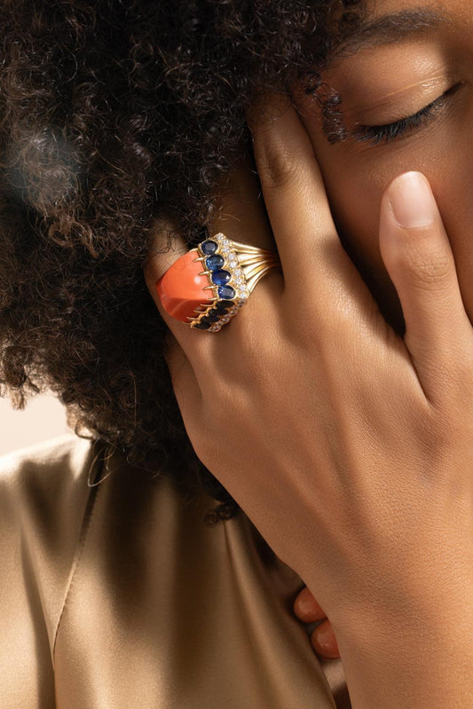 Coral Sapphire Sugarloaf Ring-YELLOW GOLD-8.5-JEWELRYFINE JEWELRING-DAVID WEBB