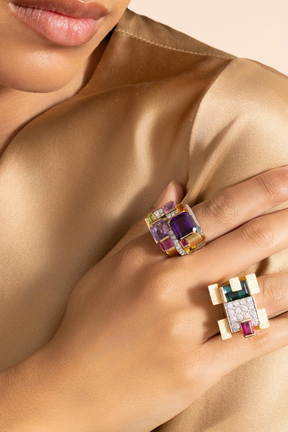 Amethyst Multi Stone Cubist Ring-YELLOW GOLD-6-JEWELRYFINE JEWELRING-DAVID WEBB