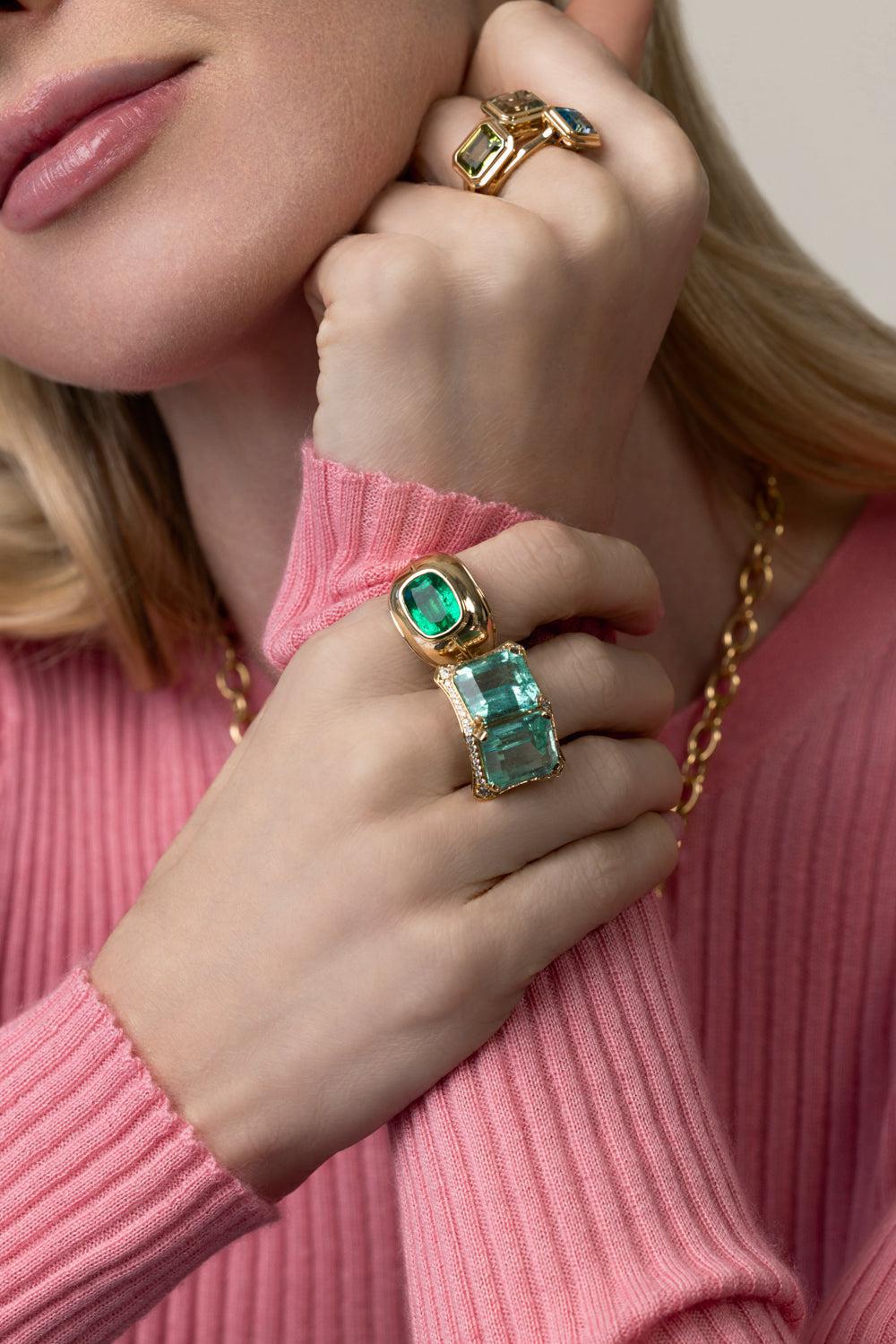 Cushion Cut Emerald G-One Ring-YELLOW GOLD-7.25-JEWELRYFINE JEWELRING-GOSHWARA