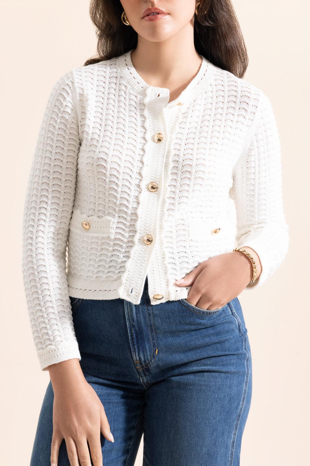 Button Stitch Cardigan-IVORY-XS-CLOTHINGTOPCARDIGAN-MONIQUE LHUILLIER