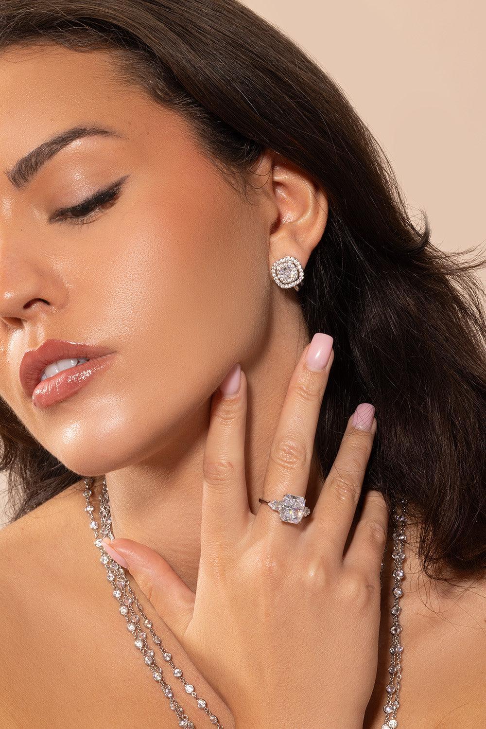 Cushion Cut Double Halo Earrings-WHITE-JEWELRYBOUTIQUEEARRING-FANTASIA by DESERIO