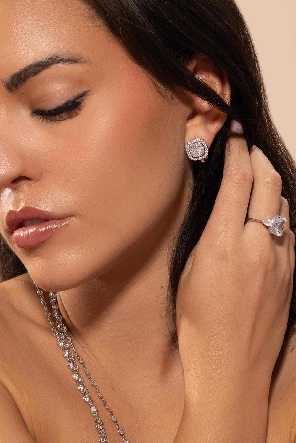 Cushion Cut Double Halo Earrings-WHITE-JEWELRYBOUTIQUEEARRING-FANTASIA by DESERIO
