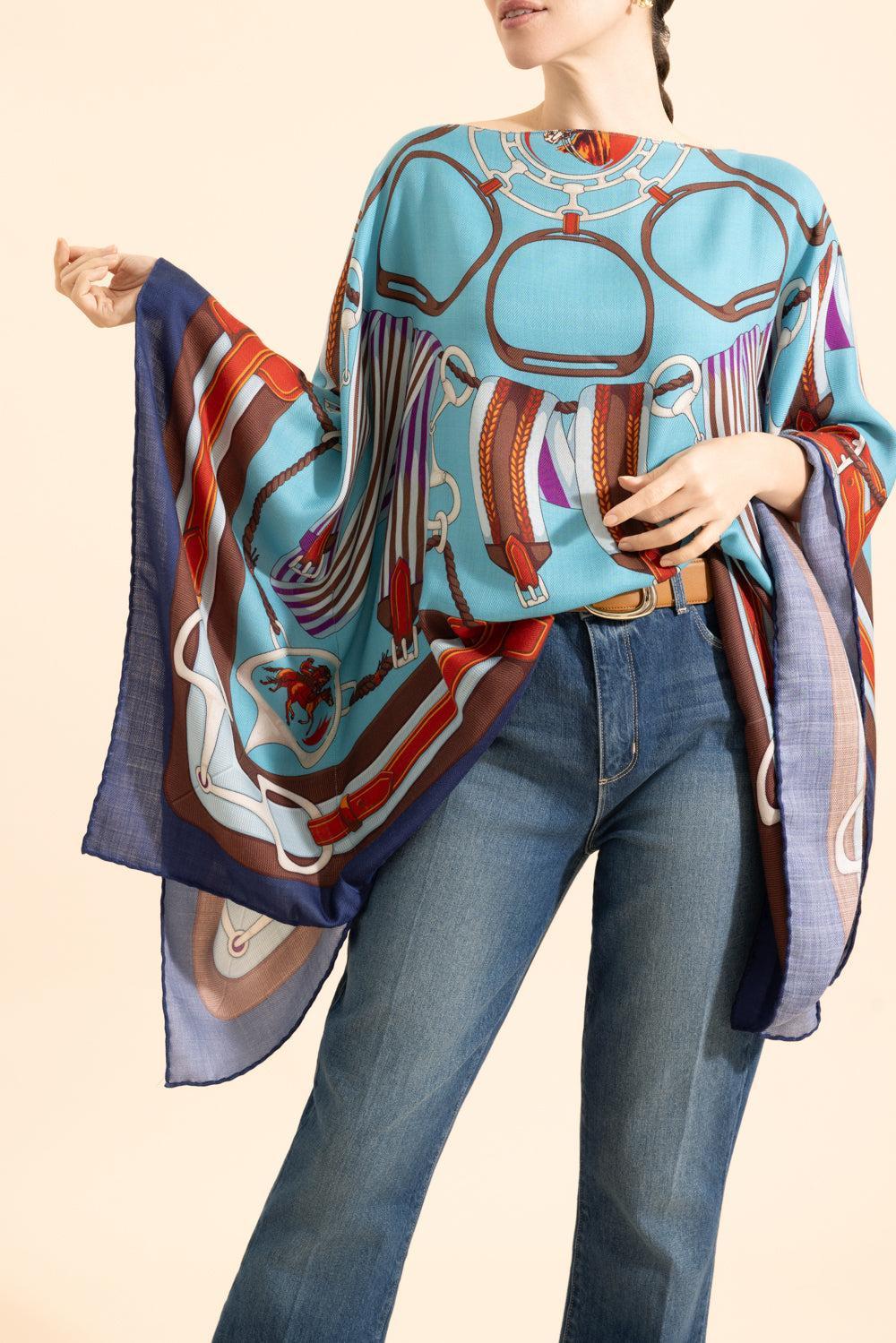 Printed Poncho - Turquoise-TURQ-O/S-CLOTHINGTOPPONCHO-RANI ARABELLA