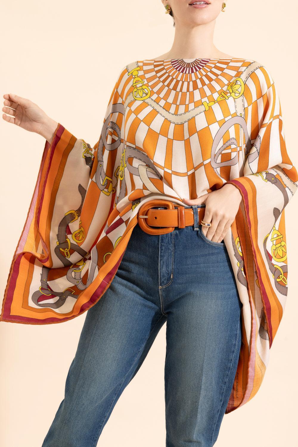 Printed Poncho - Firenze Orange-FIREORNG-O/S-CLOTHINGTOPPONCHO-RANI ARABELLA