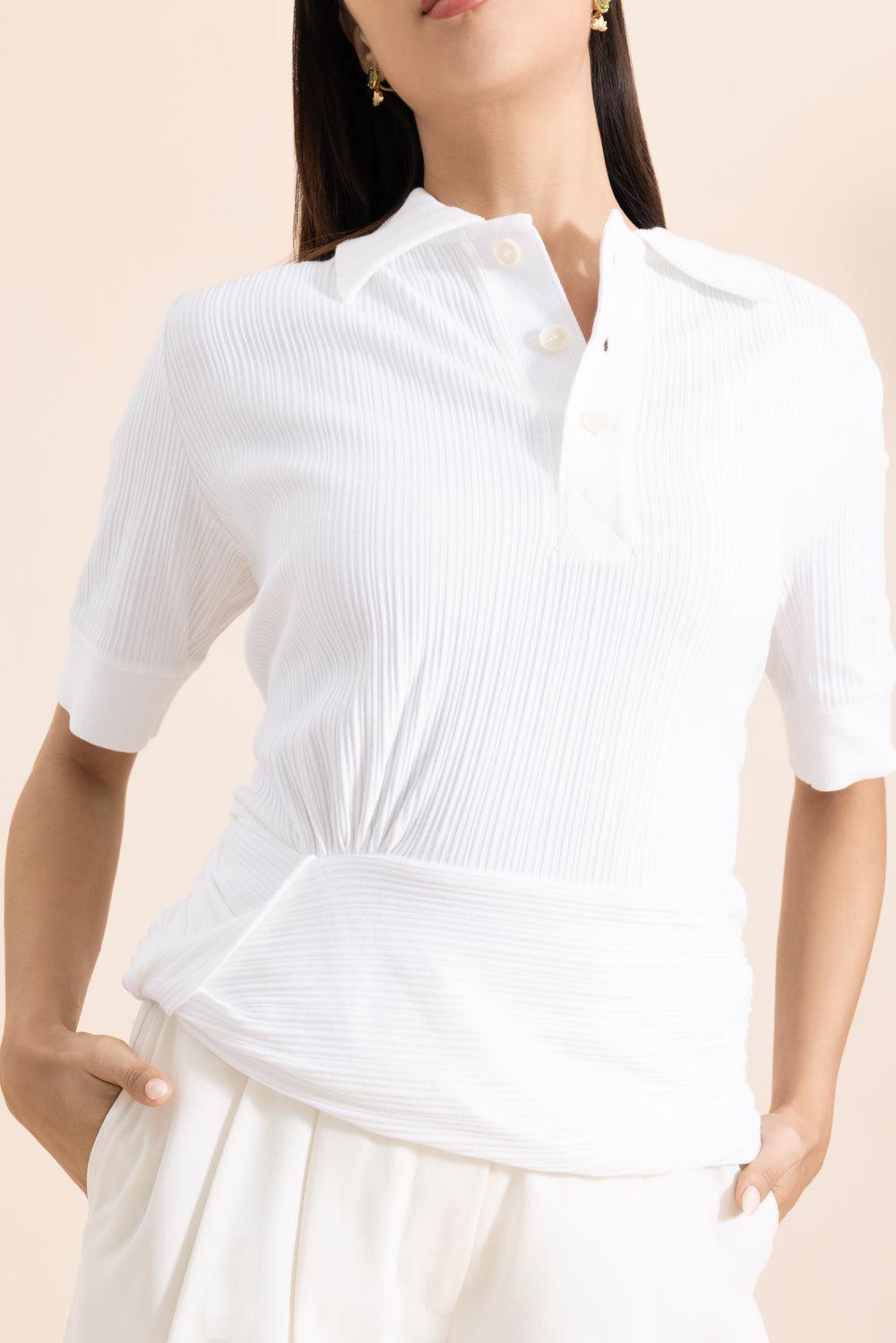 Twist Detail Polo Top - White-WHITE-XS-CLOTHINGTOPKNITS-VICTORIA BECKHAM