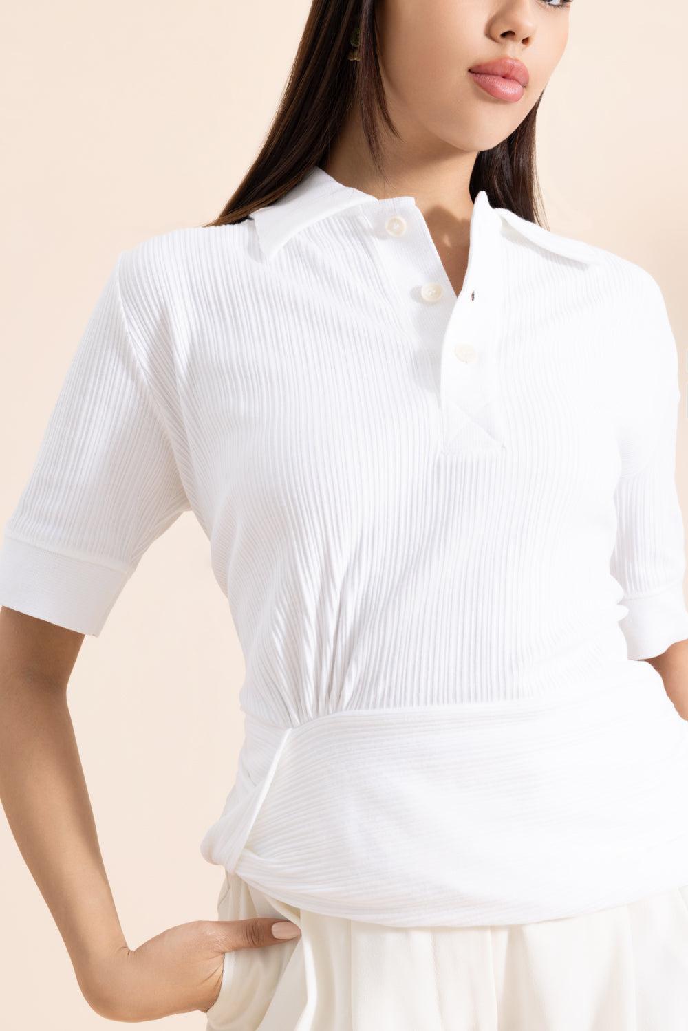 Twist Detail Polo Top - White-WHITE-XS-CLOTHINGTOPKNITS-VICTORIA BECKHAM