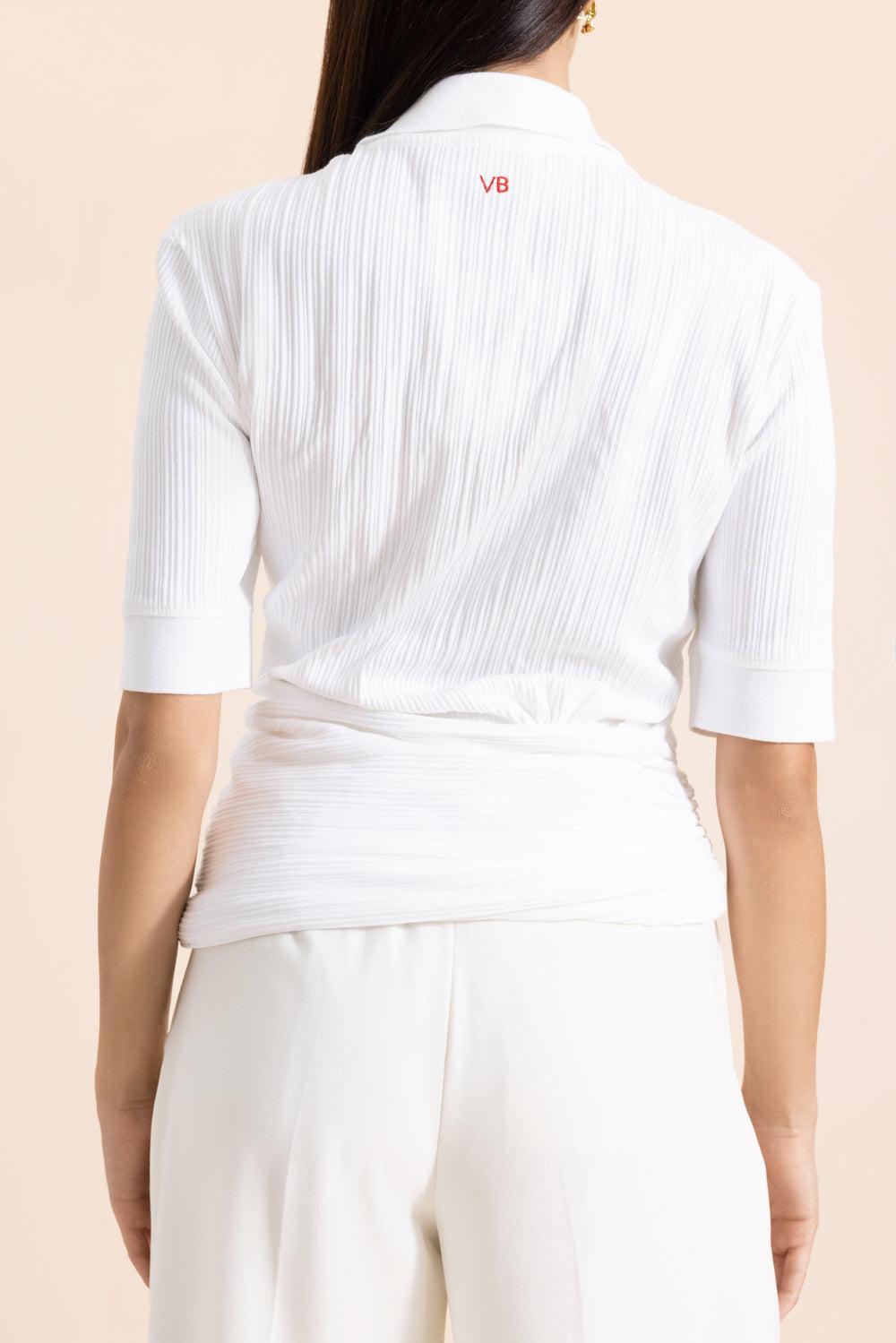 Twist Detail Polo Top - White-WHITE-XS-CLOTHINGTOPKNITS-VICTORIA BECKHAM