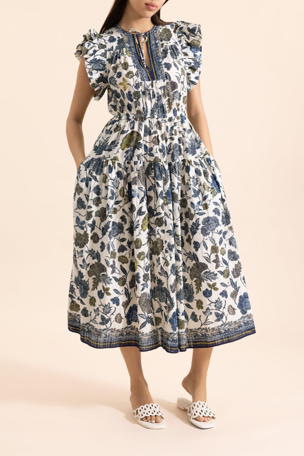 Kairi Flutter Sleeve Midi Dress-CREAM-2-CLOTHINGDRESSCASUAL-ULLA JOHNSON