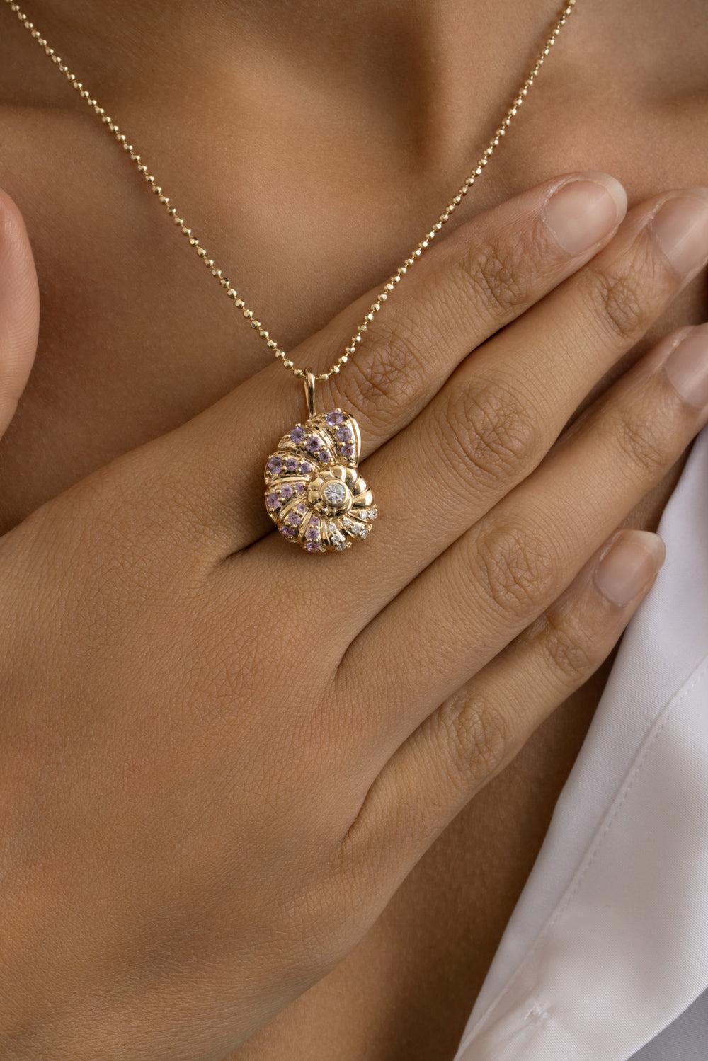 Sapphire Large Nautilus Charm Necklace-YELLOW GOLD-JEWELRYFINE JEWELNECKLACE O-SYDNEY EVAN