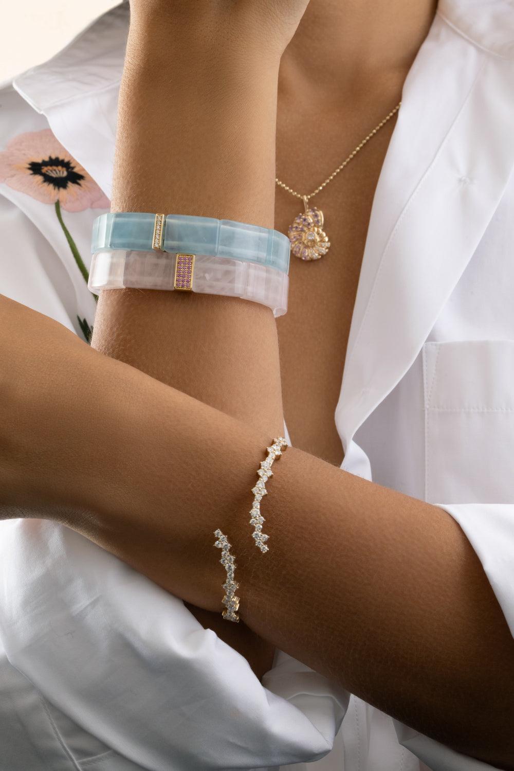 Diamond Aquamarine Single Row Bracelet-YELLOW GOLD-JEWELRYFINE JEWELBRACELET O-SYDNEY EVAN