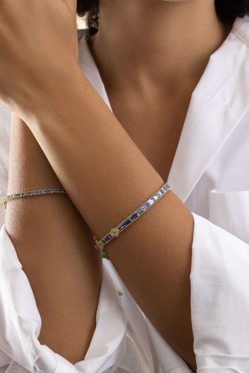 Blue Sapphire Diamond Modern Etruscan Bangle Bracelet-YELLOW GOLD-JEWELRYFINE JEWELBRACELET O-TANYA FARAH