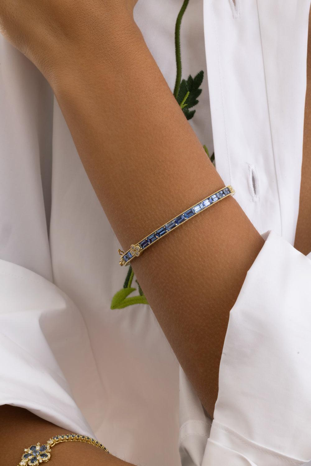 Blue Sapphire Diamond Modern Etruscan Bangle Bracelet-YELLOW GOLD-JEWELRYFINE JEWELBRACELET O-TANYA FARAH