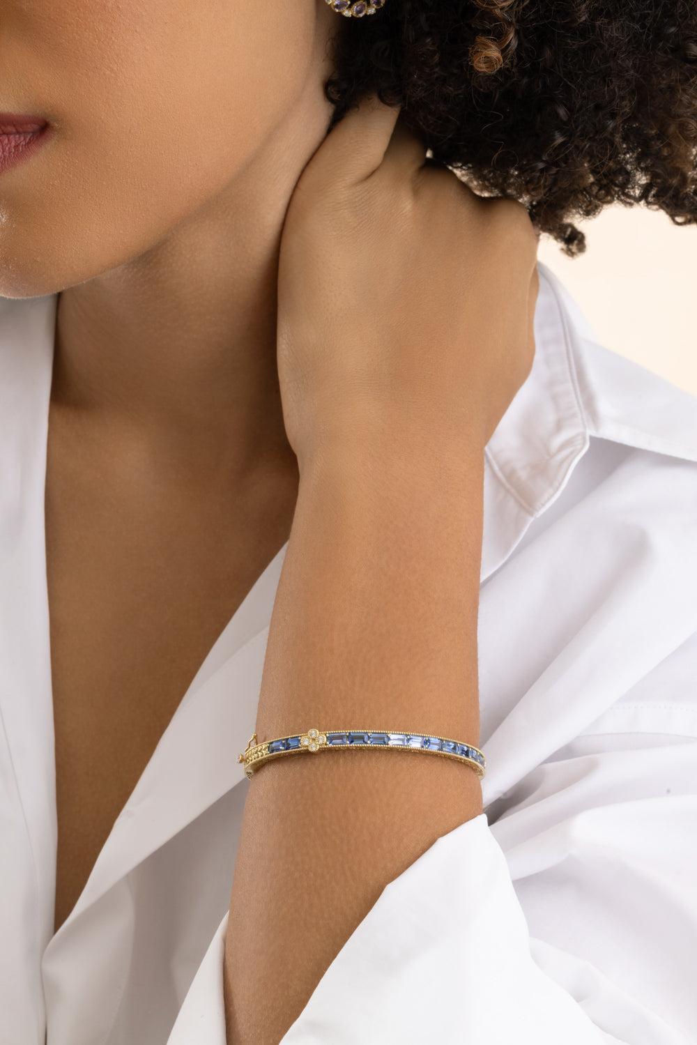 Blue Sapphire Diamond Modern Etruscan Bangle Bracelet-YELLOW GOLD-JEWELRYFINE JEWELBRACELET O-TANYA FARAH