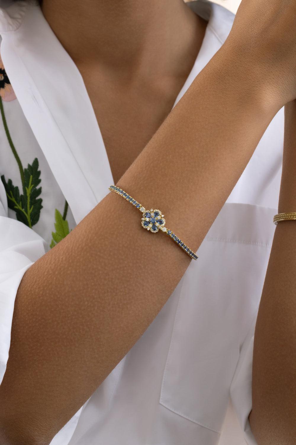 Blue Sapphire Flower Station Jasmine Bloom Tennis Bracelet-YELLOW GOLD-JEWELRYFINE JEWELBRACELET O-TANYA FARAH