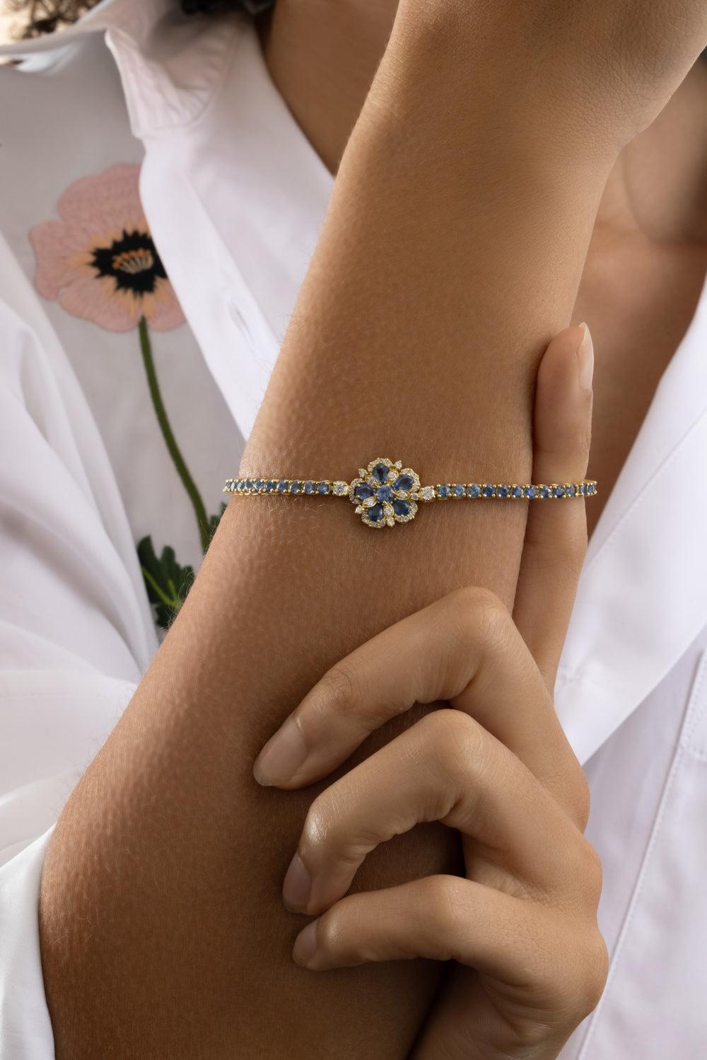 Blue Sapphire Flower Station Jasmine Bloom Tennis Bracelet-YELLOW GOLD-JEWELRYFINE JEWELBRACELET O-TANYA FARAH