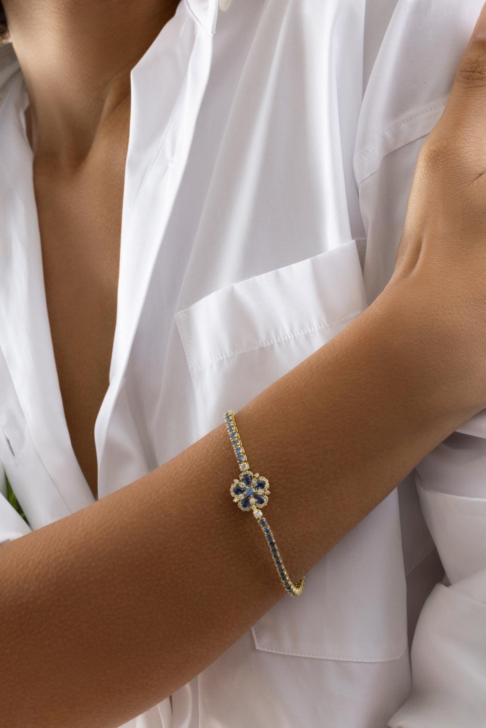 Blue Sapphire Flower Station Jasmine Bloom Tennis Bracelet-YELLOW GOLD-JEWELRYFINE JEWELBRACELET O-TANYA FARAH