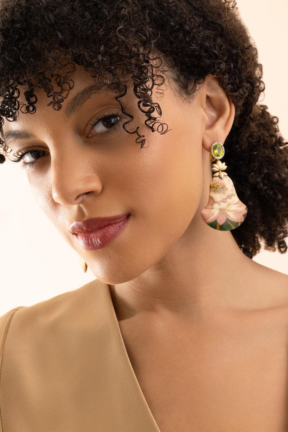 Fan Lotus Flower Marquetry Earrings-YELLOW GOLD-JEWELRYFINE JEWELEARRING-SILVIA FURMANOVICH