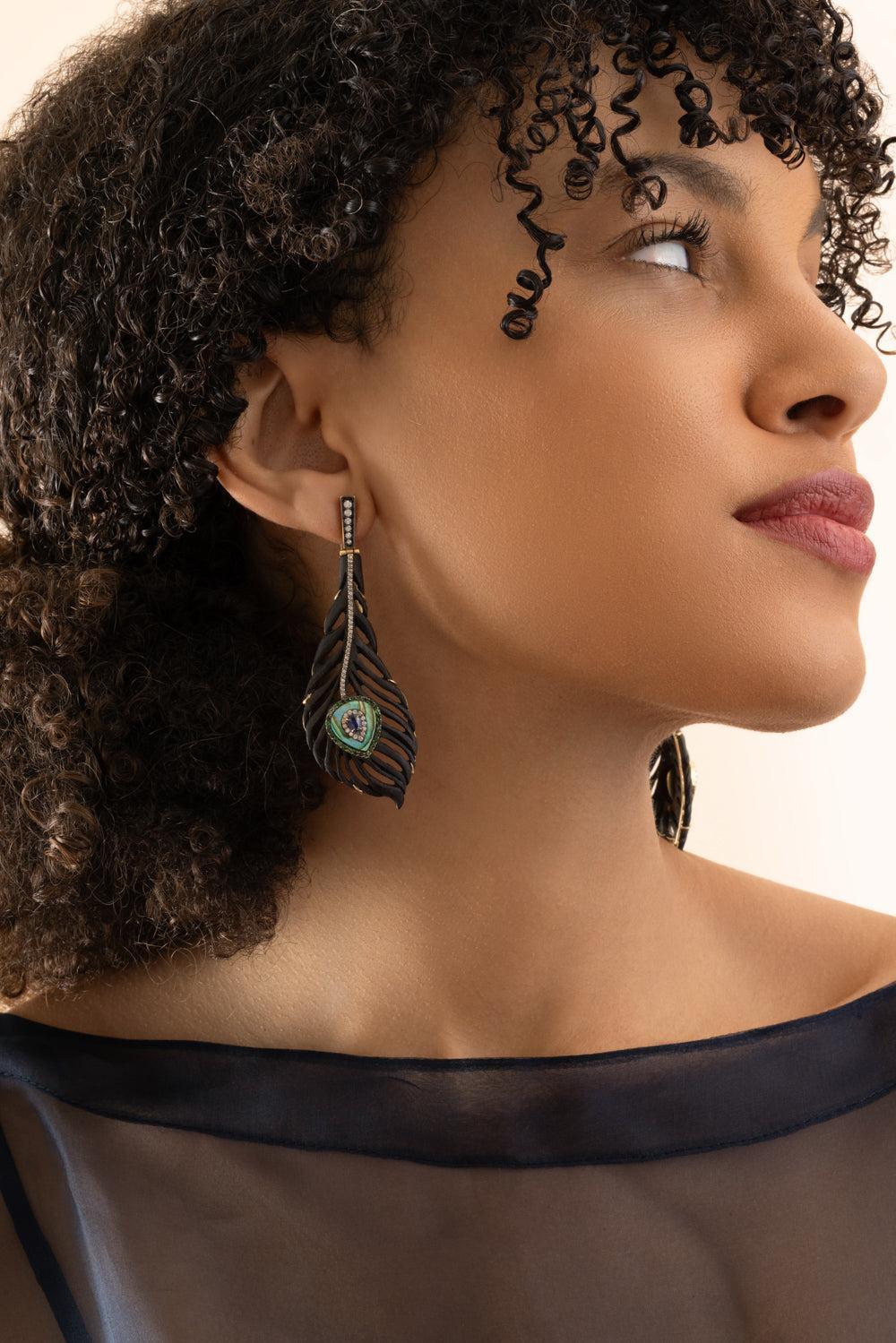 Tsavorite Peacock Carved Brauna Wood Earrings-YELLOW GOLD-JEWELRYFINE JEWELEARRING-SILVIA FURMANOVICH