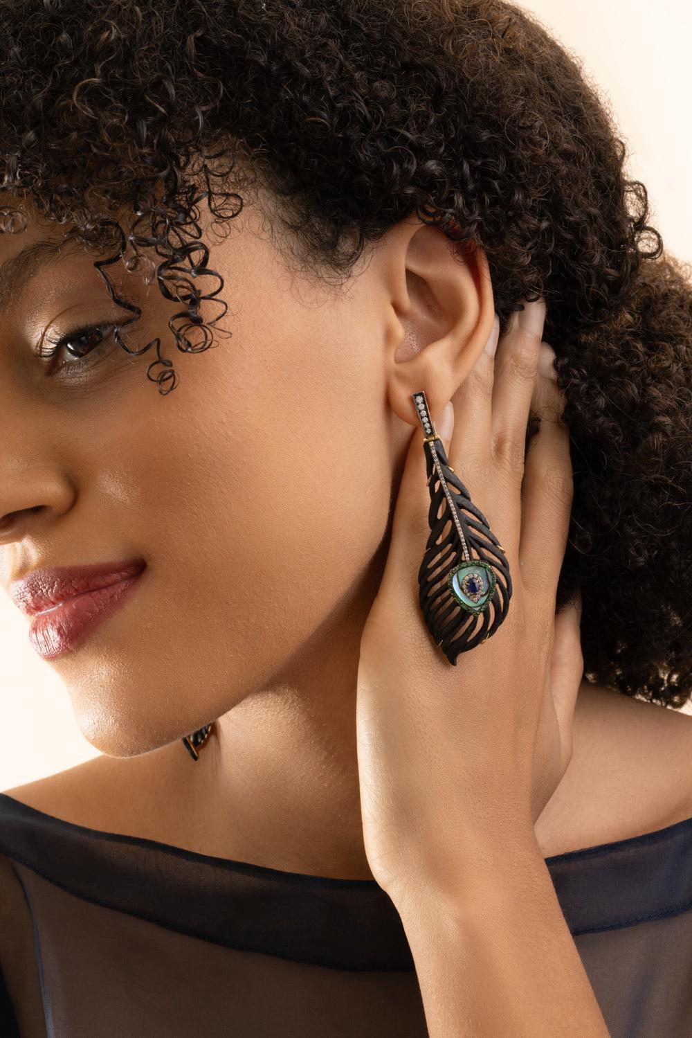 Tsavorite Peacock Carved Brauna Wood Earrings-YELLOW GOLD-JEWELRYFINE JEWELEARRING-SILVIA FURMANOVICH