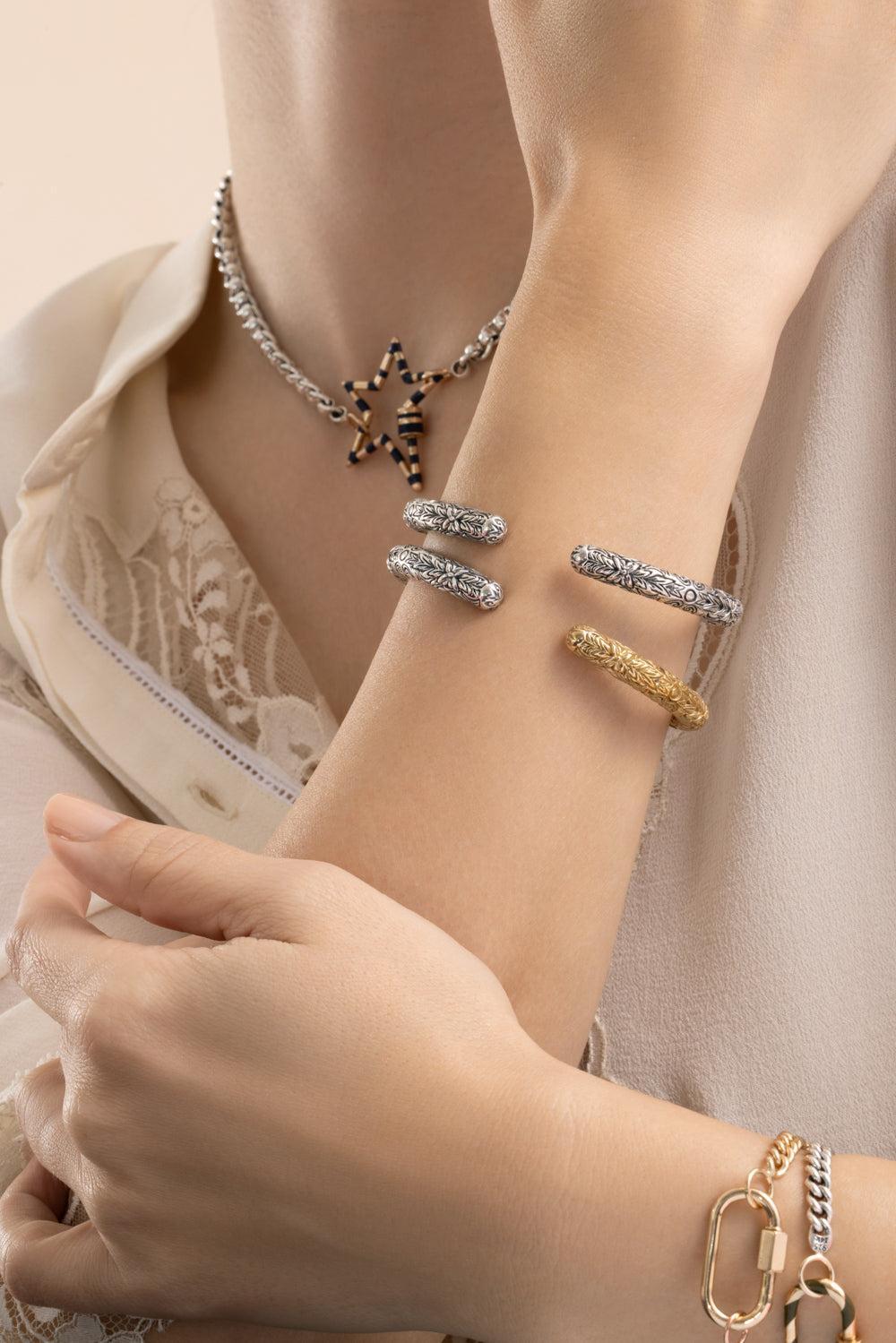 Mixed Metal Embossed Hinge Cuffling-SILVER-6.5-7-JEWELRYFINE JEWELBRACELET O-MARLA AARON