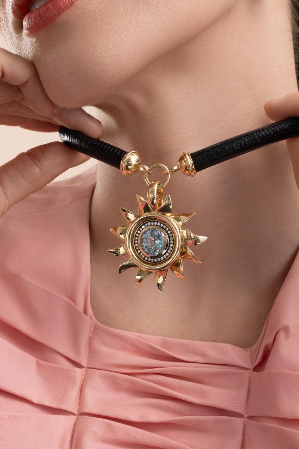 Blue Topaz Jumbo Sunflower Pendant-YELLOW GOLD-JEWELRYFINE JEWELPENDANT-MASON & BOOKS