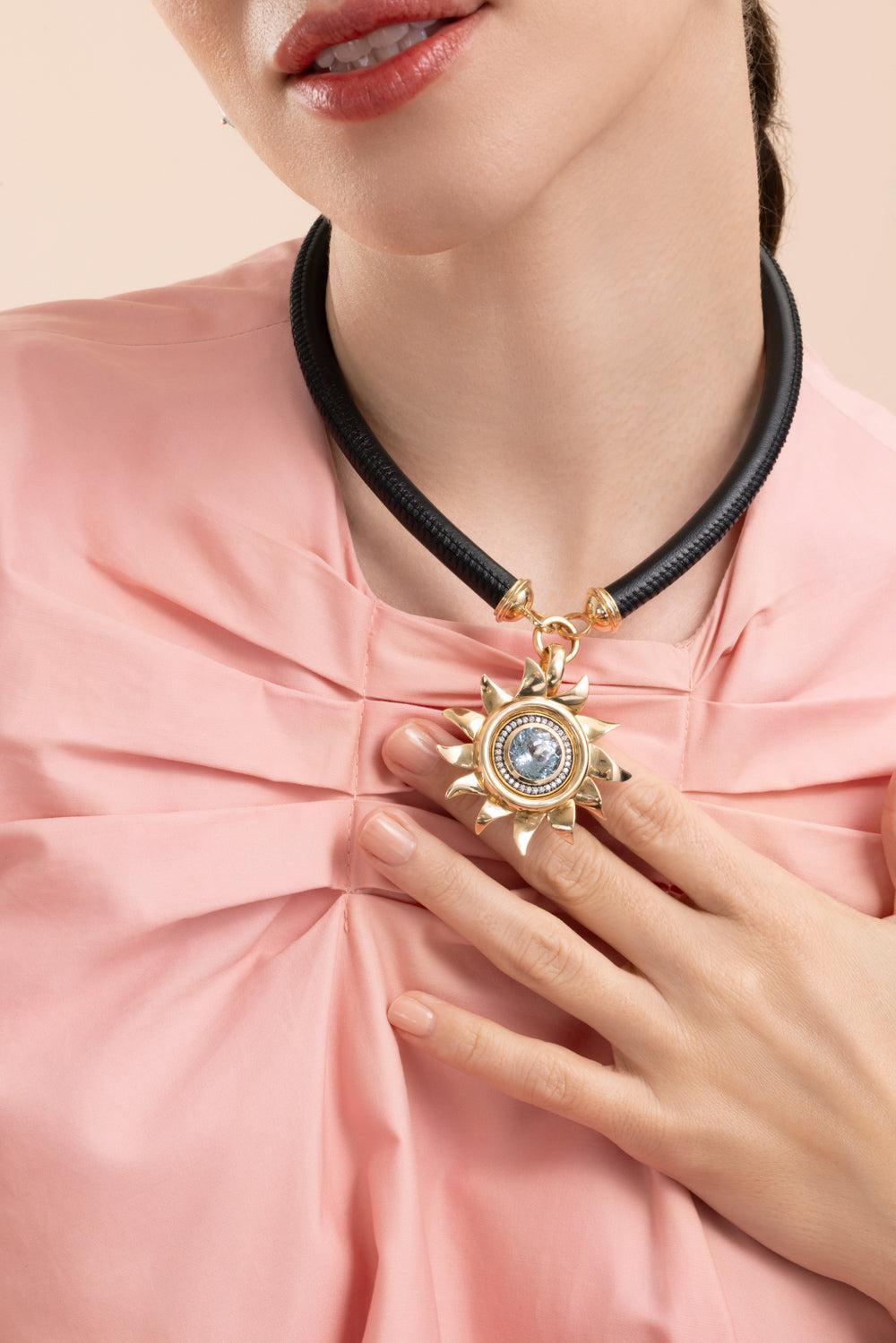 Blue Topaz Jumbo Sunflower Pendant-YELLOW GOLD-JEWELRYFINE JEWELPENDANT-MASON & BOOKS