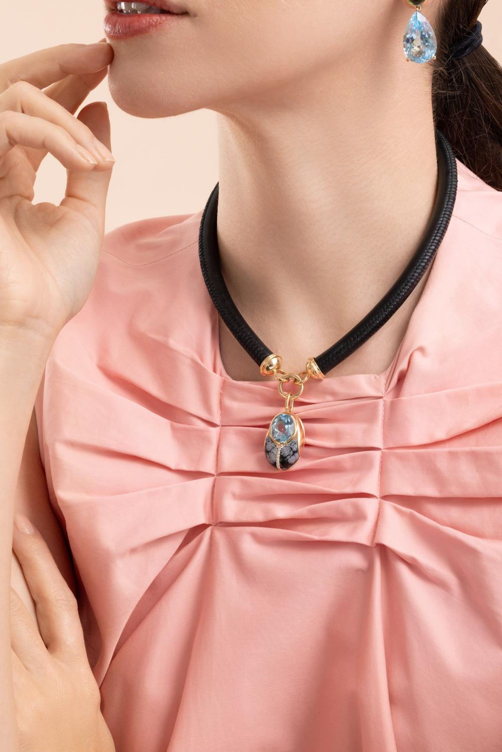 Blue Topaz Obsidian Large Love Bug Pendant-YELLOW GOLD-JEWELRYFINE JEWELPENDANT-MASON & BOOKS