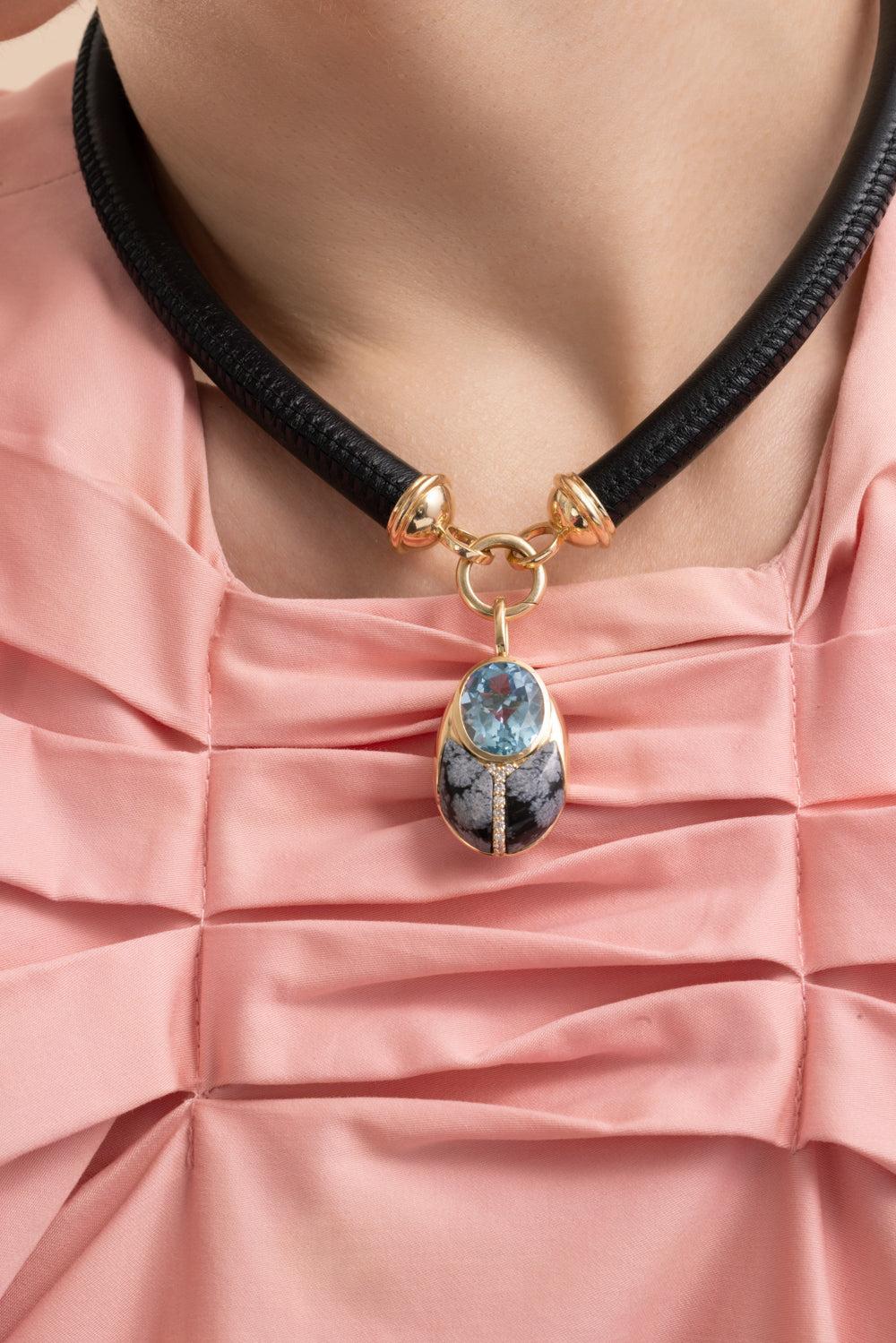 Blue Topaz Obsidian Large Love Bug Pendant-YELLOW GOLD-JEWELRYFINE JEWELPENDANT-MASON & BOOKS