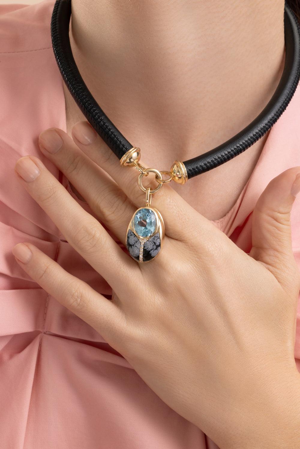 Blue Topaz Obsidian Large Love Bug Pendant-YELLOW GOLD-JEWELRYFINE JEWELPENDANT-MASON & BOOKS