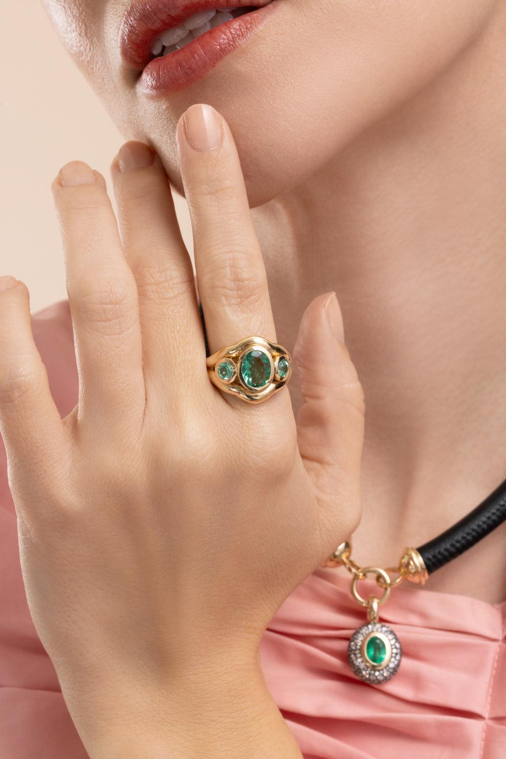 Emerald Tourmaline Three Stone Ring-YELLOW GOLD-6-JEWELRYFINE JEWELRING-MASON & BOOKS
