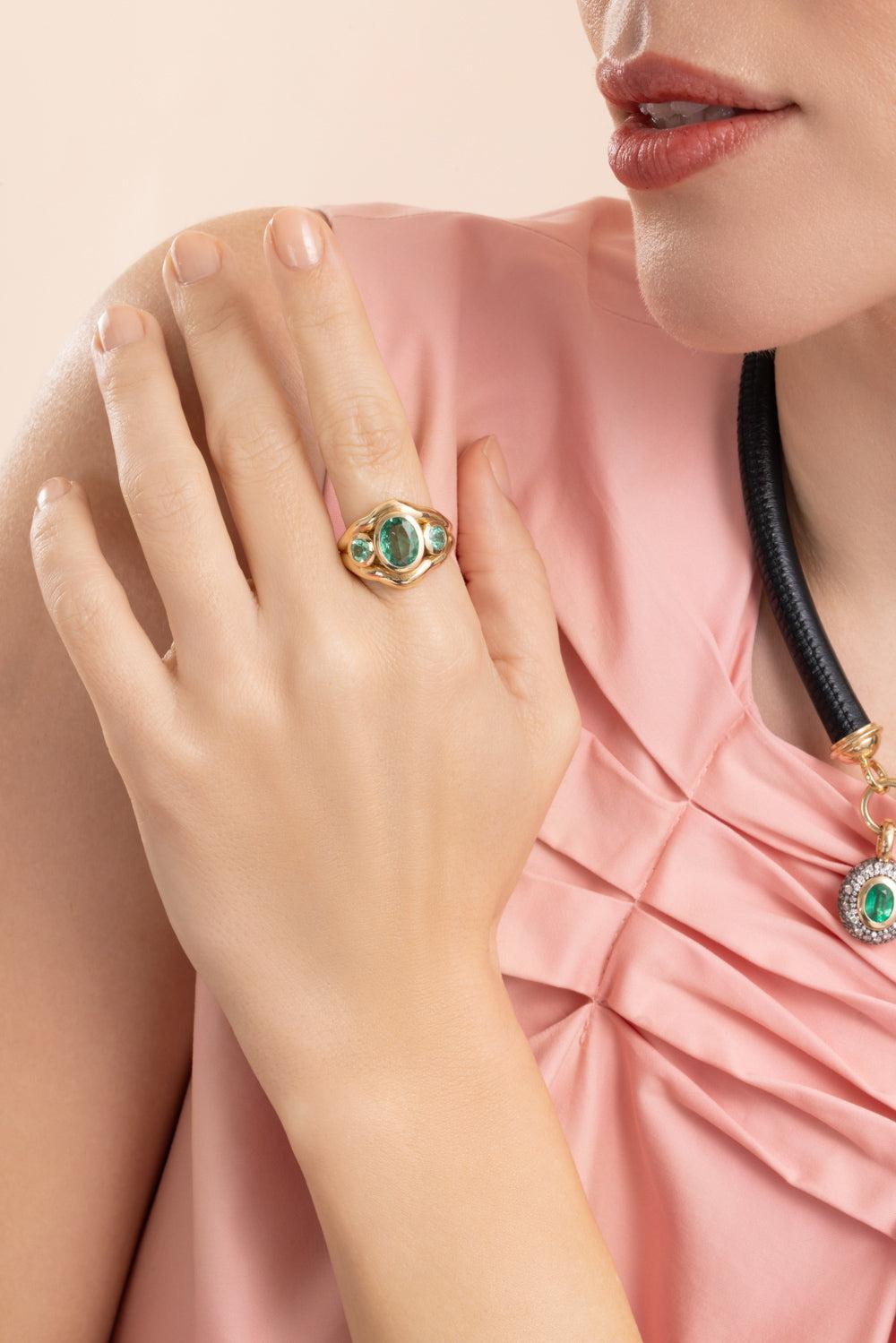 Emerald Tourmaline Three Stone Ring-YELLOW GOLD-6-JEWELRYFINE JEWELRING-MASON & BOOKS