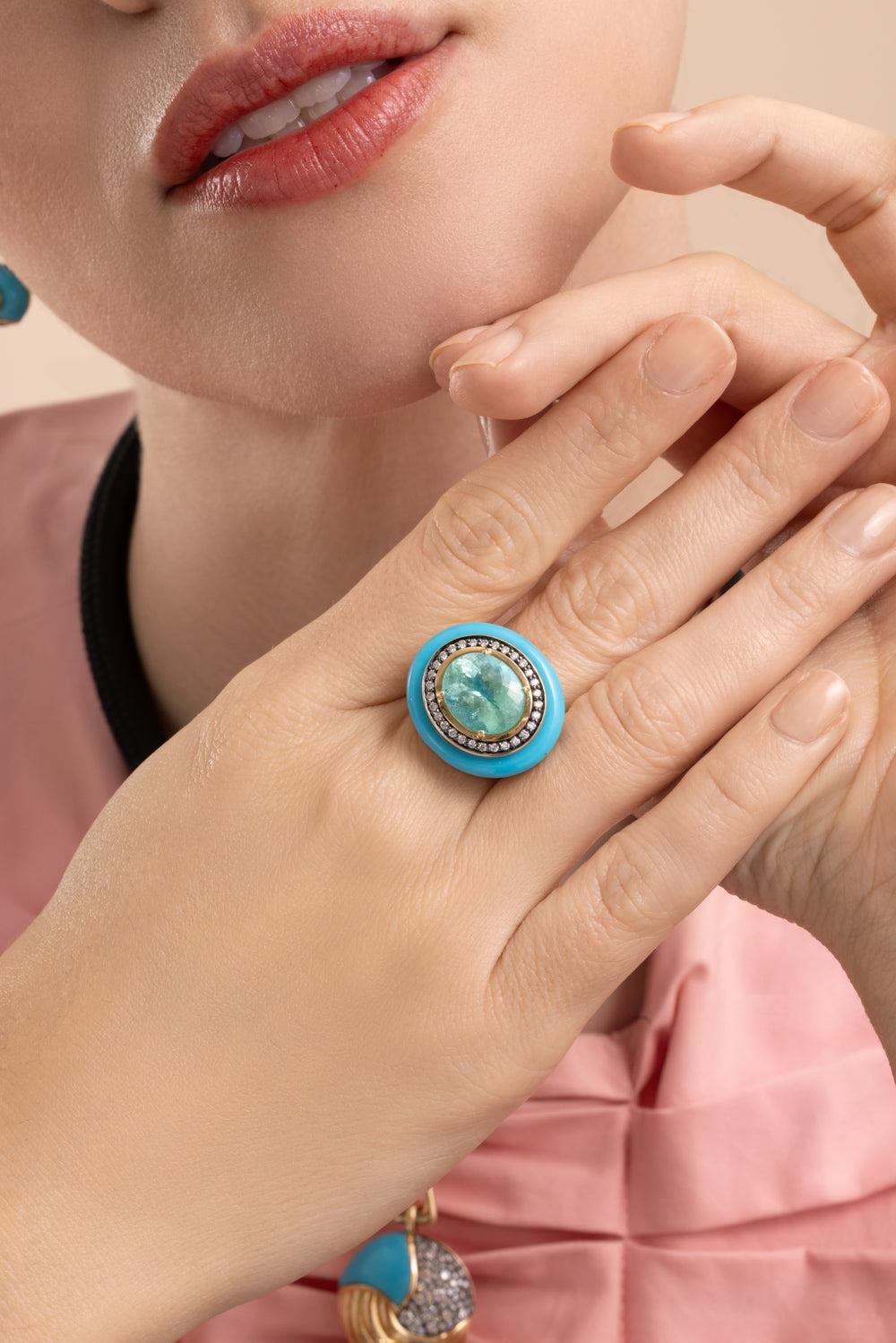 Paraiba Turquoise Cupcake Ring-YELLOW GOLD-6.5-JEWELRYFINE JEWELRING-MASON & BOOKS