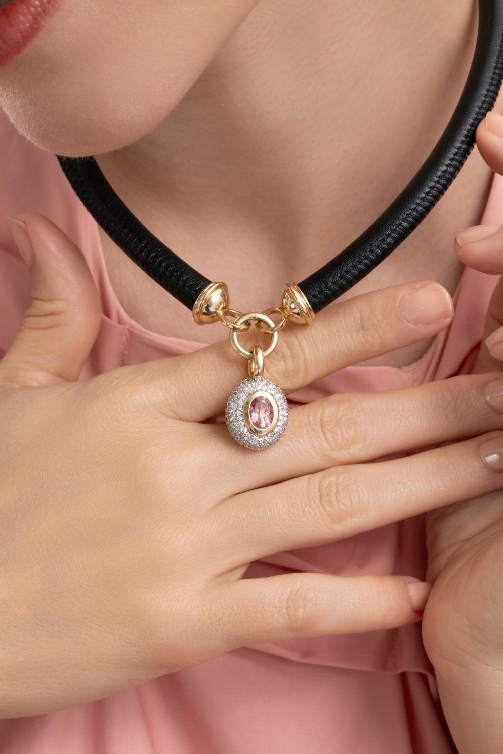 Diamond Pink Tourmaline Floret Oval Pendant-YELLOW GOLD-JEWELRYFINE JEWELPENDANT-MASON & BOOKS