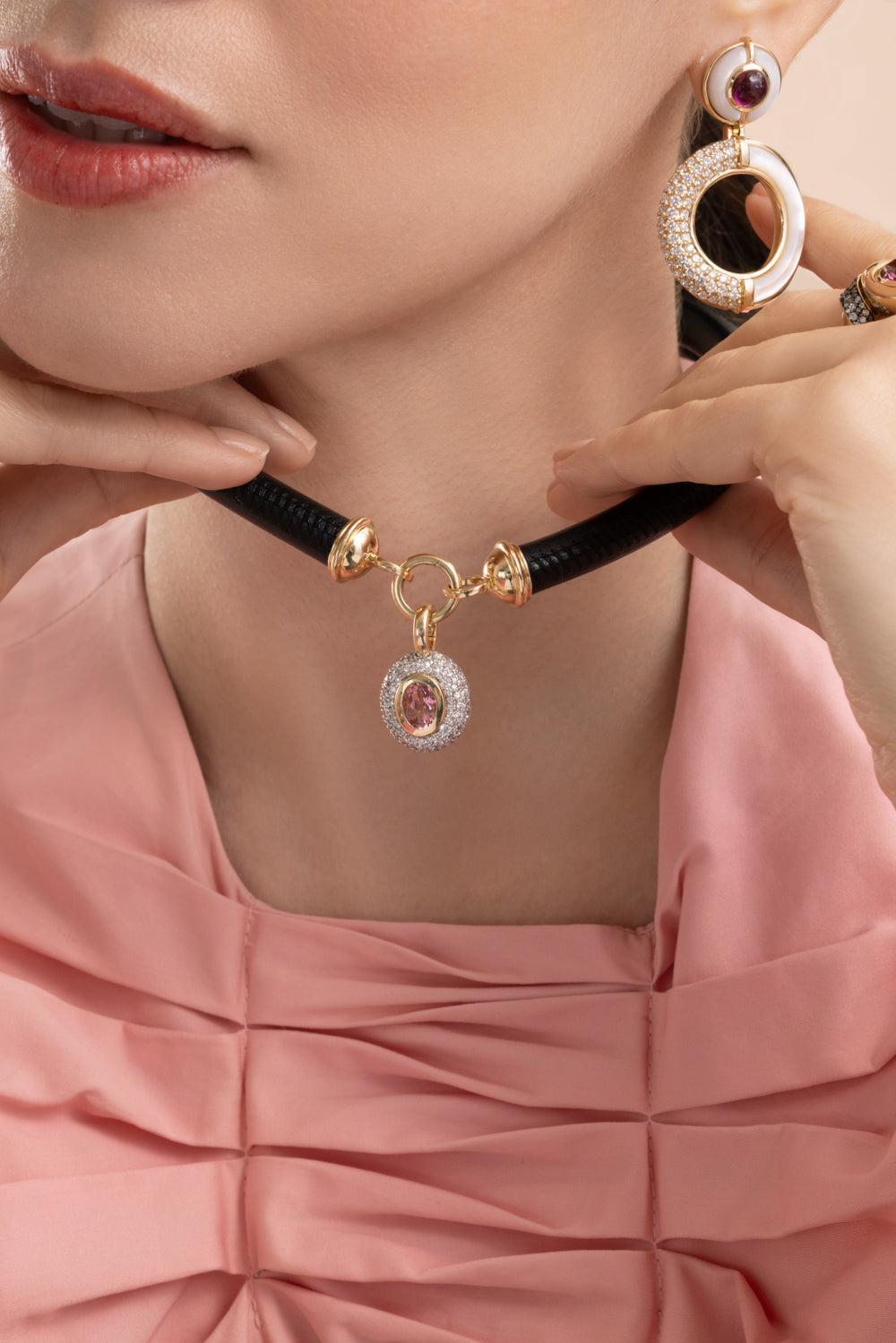 Diamond Pink Tourmaline Floret Oval Pendant-YELLOW GOLD-JEWELRYFINE JEWELPENDANT-MASON & BOOKS
