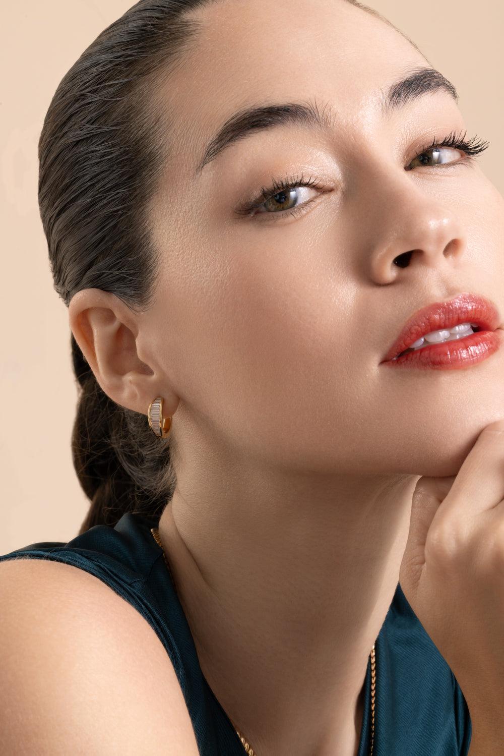 Diamond Baguette Huggie Earrings-YELLOW GOLD-JEWELRYFINE JEWELEARRING-ANITA KO