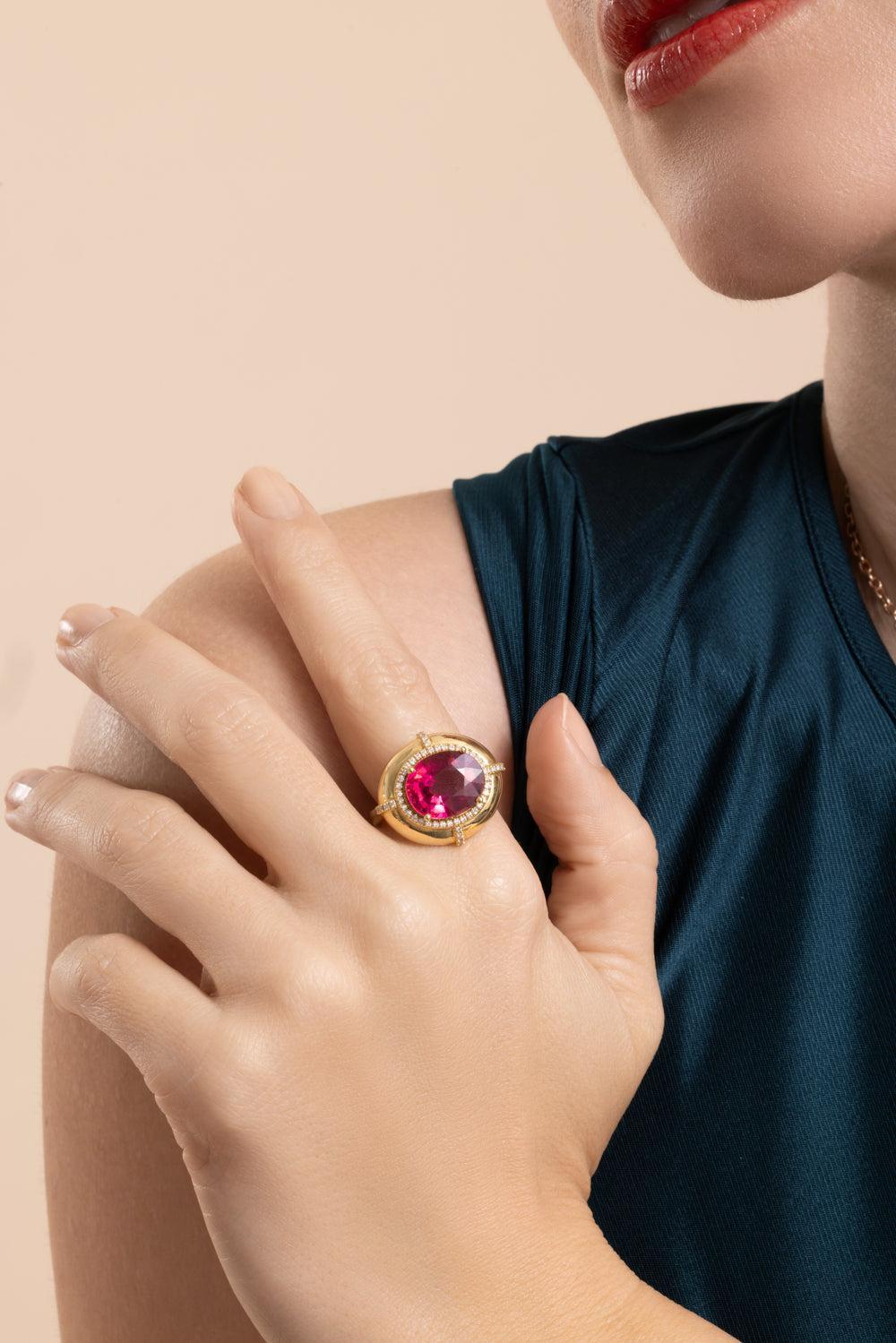 Rubellite G-One Ring-YELLOW GOLD-6.75-JEWELRYFINE JEWELRING-GOSHWARA