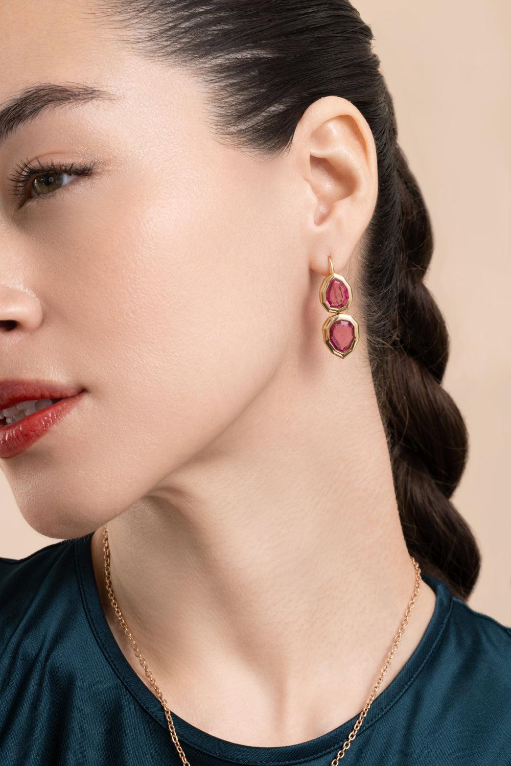 Rubellite G-One Two Tier Earrings-YELLOW GOLD-JEWELRYFINE JEWELEARRING-GOSHWARA